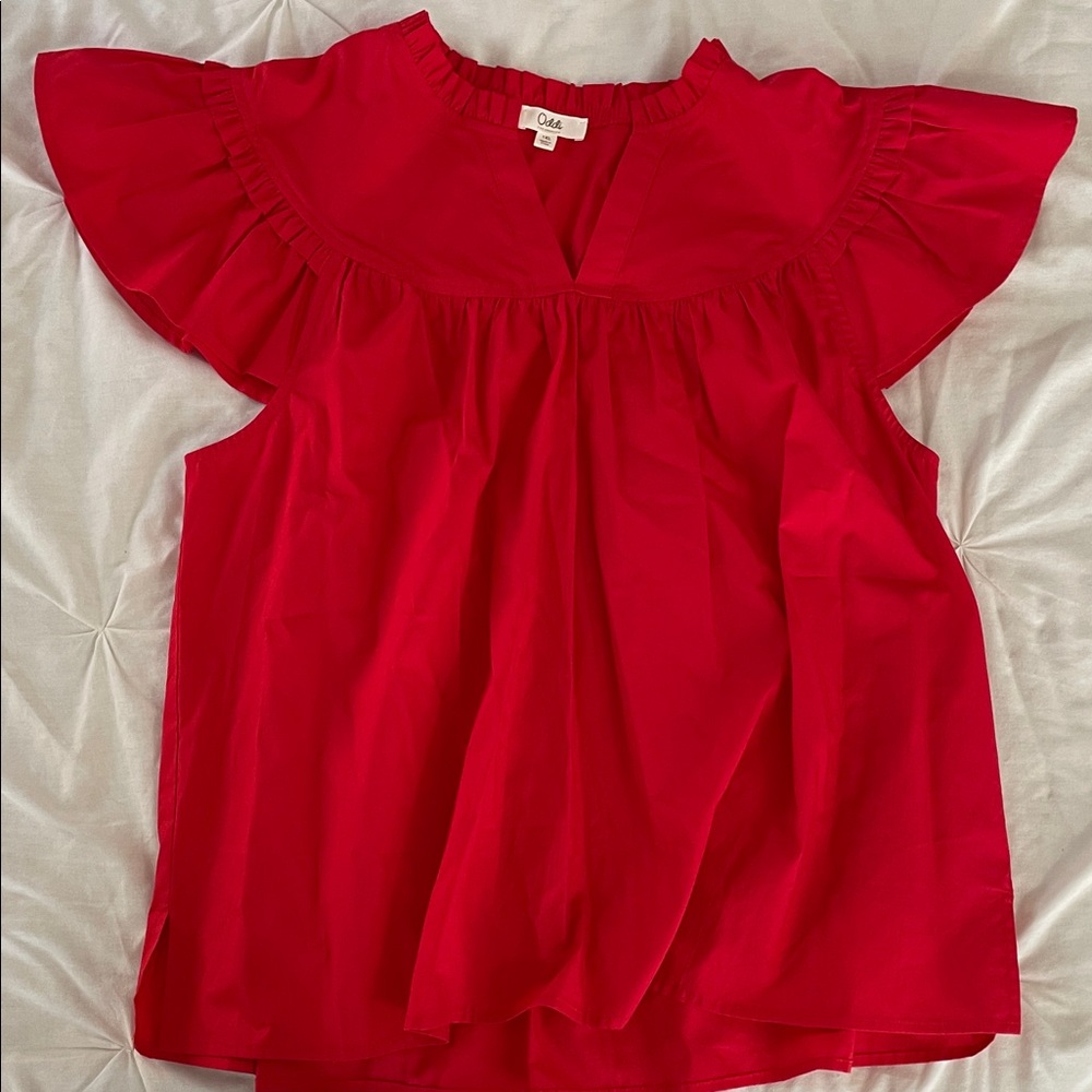Vibrant Red Ruffle Sleeve Blouse by Oddi
